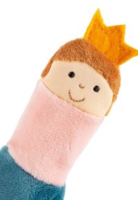 Plush toy featuring a smiling face with brown hair, a yellow felt crown, and a multicolored body: teal, pink, and light orange textures.