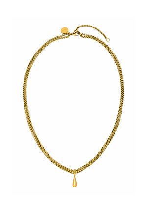 Gouden ketting met een dubbele kettingontwerp, voorzien van een hangende hanger. Glad oppervlak met een glanzende afwerking, beveiligd met een karabijnsluiter.