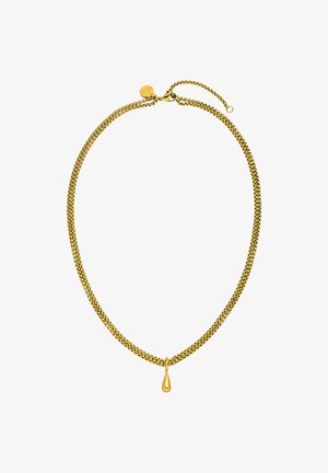 Goldfarbene Halskette mit einem Doppelketten-Design, ausgestattet mit einem Tropf-Pendant. Glatte Textur mit glänzender Oberfläche, gesichert mit einem Karabinerverschluss.