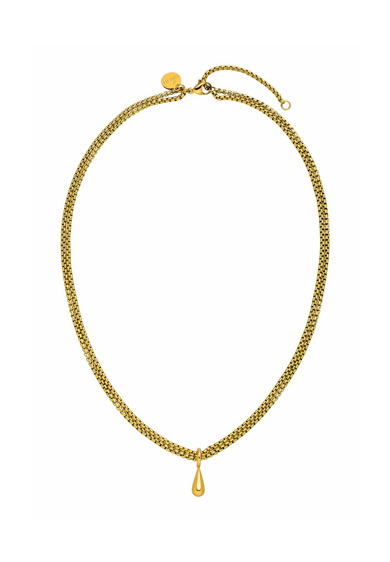 Goldfarbene Halskette mit einem Doppelketten-Design, ausgestattet mit einem Tropf-Pendant. Glatte Textur mit glänzender Oberfläche, gesichert mit einem Karabinerverschluss.