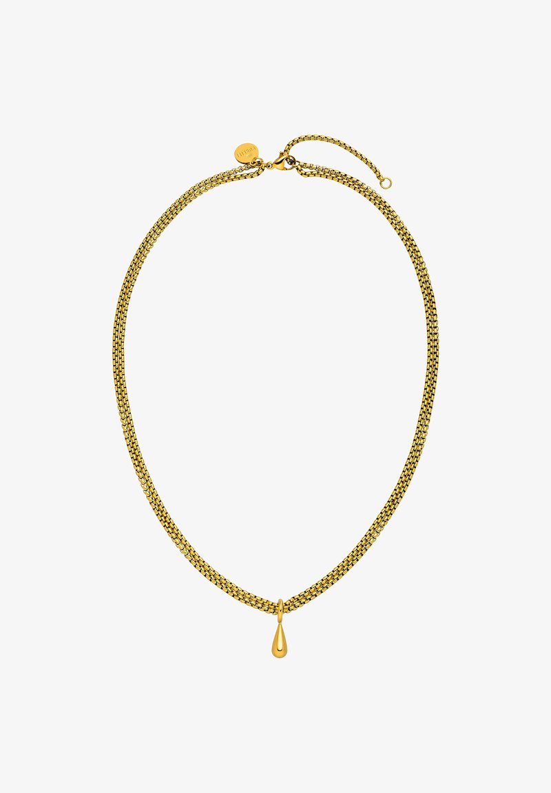 Goldfarbene Halskette mit einem Doppelketten-Design, ausgestattet mit einem Tropf-Pendant. Glatte Textur mit glänzender Oberfläche, gesichert mit einem Karabinerverschluss.