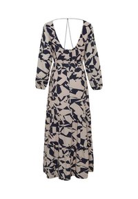 Maxi šaty z lehkého materiálu s abstraktním námornickým a béžovým vzorem. Mají dlouhé rukávy, hluboký výstřih na zádech a nabrané části sukně.