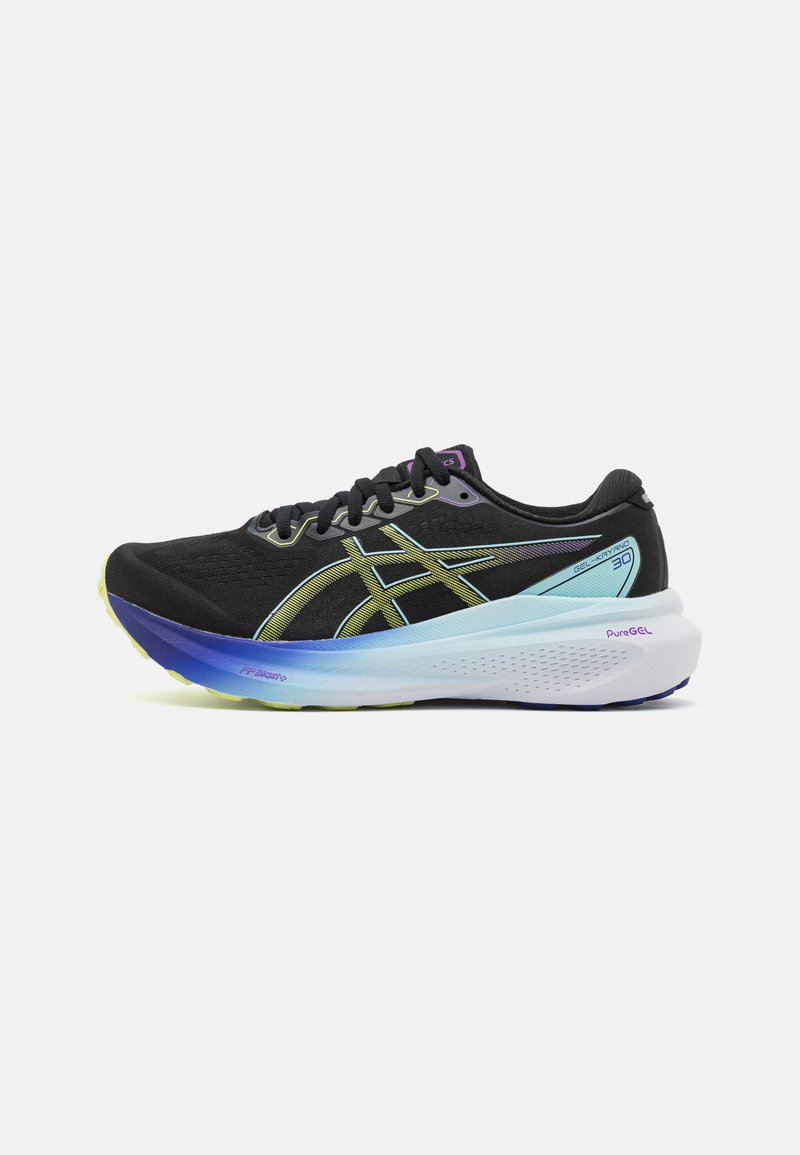 Scarpa da corsa nera con tomaia traspirante, accenti multicolori e suola ammortizzata con un design a gradiente che passa dal blu al verde.