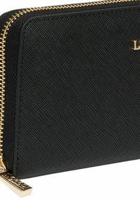 Schwarze strukturierte Lederbörse mit goldfarbener Reißverschluss, die ein dezentes diagonales Muster und ein Logo-Detail auf der Vorderseite aufweist.