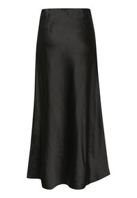 Črna satenasta krilna s flared dizajnom in gladko teksturo. Ima oblikovano pas in subtilen sijaj, kar omogoča eleganten padec.