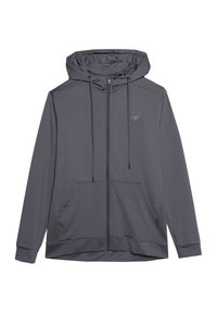 Grau zip-up Kapuzenpullover aus strukturiertem Stoff. Mit verstellbarem Kordelzug an der Kapuze und zwei Fronttaschen, mit einem Logo auf der Brust.