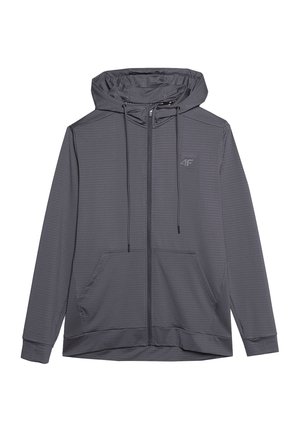 Felpa con cappuccio grigia, con zipper, realizzata in tessuto testurizzato. Presenta un cappuccio regolabile con cordino e due tasche frontali, con un logo sul petto.