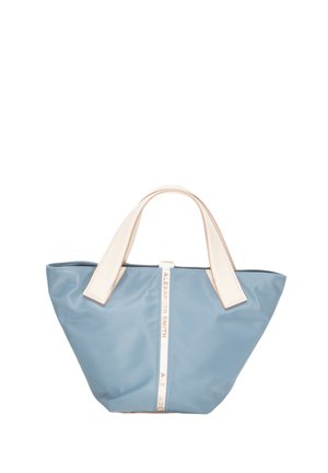 Borsa tote blu con manici beige e fascia verticale con cerniera bianca sul davanti al centro con la scritta "Alexander Smith".