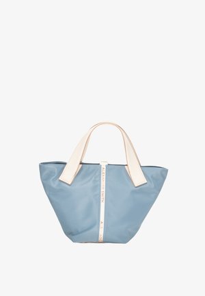 Borsa tote blu con manici beige e fascia verticale con cerniera bianca sul davanti al centro con la scritta "Alexander Smith".