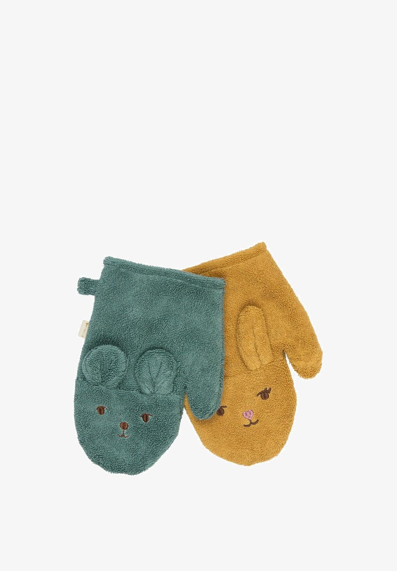 Pár detských rukavíc: jedny zelené s ušami medvedíka a vyšívanými detailmi, druhé žlté s ušami králika a tvárovými detailmi. Mäkká textúra.