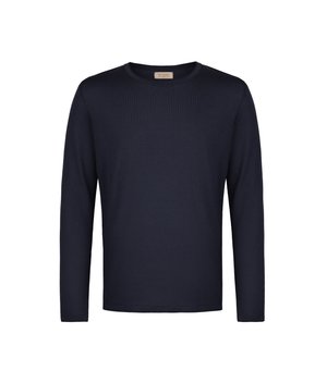 Granatowa koszulka z długim rękawem wykonana z miękkiego materiału, z okrągłym dekoltem i gładką fakturą. Brak widocznych wzorów lub akcentów.