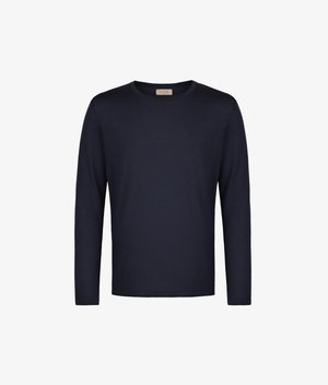 Marineblaues Langarm-T-Shirt aus weichem Stoff mit rundem Halsausschnitt und glatter Textur. Keine sichtbaren Muster oder Akzente.