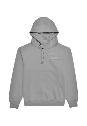 Vaaleanharmaa huppari, jossa on etutasku, napillinen kaulus ja rintakehässä kohokuvioitu "883 POLICE" -teksti. Valmistettu pehmeästä, teksturoidusta kankaasta.