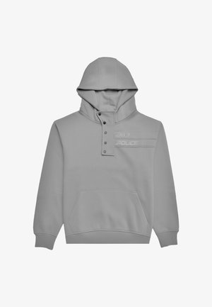 Lysegrå hettegenser med frontlomme, knappet krage og preget "883 POLICE"-tekst på brystet. Laget av et mykt, teksturert stoff.