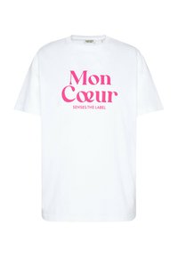 Weißes Baumwoll-T-Shirt mit auffälligem pinken Text, der "Mon Cœur" und "SENSES.THE LABEL" liest. Kurze Ärmel und eine lässige Passform.
