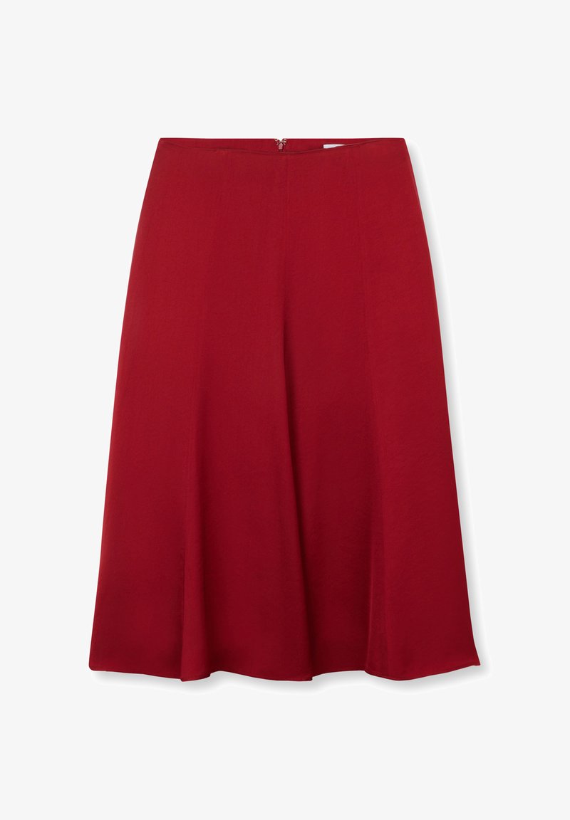 Jupe midi rouge en forme A avec fermeture éclair au dos, tissu lisse et légère évasement à l’ourlet.