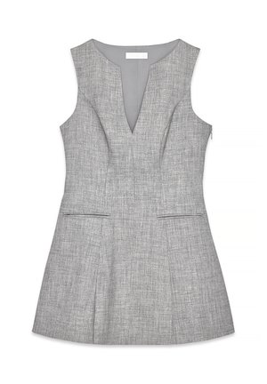 Gray sleeveless dress with a V-neckline, textured fabric, and angled seams. It features two front pockets and a back zipper closure.
