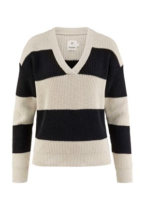 Knitted pullover sweater with a V-neck, featuring horizontal stripes in cream and navy. Ribbed cuffs and hem with a textured finish.