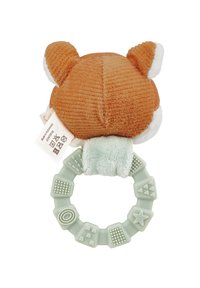 Soft orange plush fox head with textured fabric, white accents, and a light green silicone ring featuring various patterns.