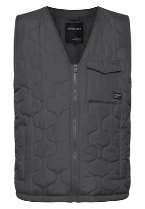 Gray quilted vest featuring a V-neck, front zipper, and a left chest pocket. Material has a smooth texture with a subtle pattern.