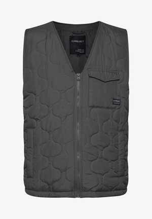 Gray quilted vest featuring a V-neck, front zipper, and a left chest pocket. Material has a smooth texture with a subtle pattern.