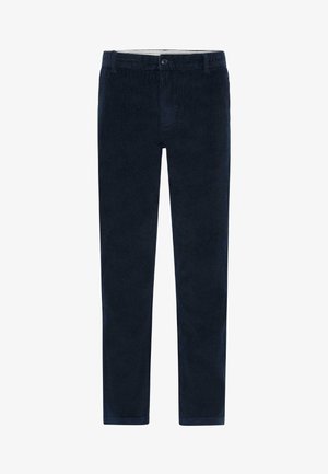 Pantalones de pana azul marino con corte recto, que cuentan con un cierre de botón, trabillas para cinturón y una tela suave y texturizada.