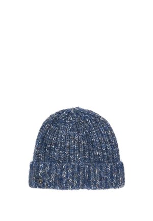 Blue and gray knitted wool beanie with folded brim and small round metal logo on the side.