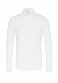 Witte langarmige shirt gemaakt van gladde stof. Voorzien van een knoopsluiting aan de voorkant, puntkraag en een lichte ronding aan de onderkant. Strak ontwerp.