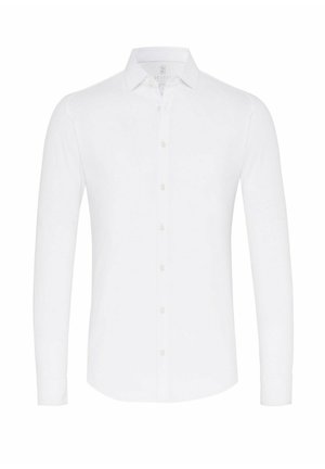 Weißes Langarmhemd aus glattem Stoff. Mit einer knöpfbaren Vorderseite, spitzem Kragen und leicht geschwungenem Saum. Schlichtes Design.