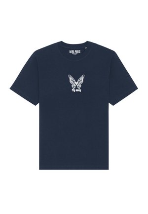 T-shirt en coton bleu marine avec un graphisme de papillon et le texte "s'envoler" en blanc. Manches courtes et col rond.