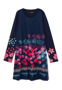Robe à manches longues bleu marine avec des motifs floraux colorés en rose, rouge et bleu, et un ourlet rayé multicolore avec du texte en écriture cursive.