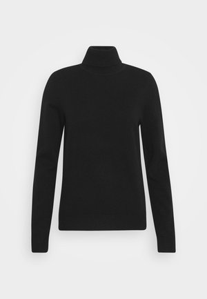 Black turtleneck sweater made of soft knit fabric, featuring long sleeves and a fitted design. Smooth texture with no visible patterns.