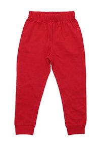 Czerwone bawełniane spodnie dresowe z elastycznym pasem, zwężającym się krojem nogawek i prążkowanymi mankietami, charakteryzujące się gładką fakturą i brakiem widocznych wzorów.
