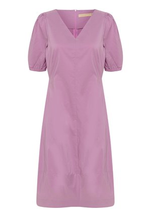 Lila Baumwollkleid mit V-Ausschnitt, gepufften kurzen Ärmeln und gerader Silhouette. Verfügt über einen verdeckten Reißverschluss auf der Rückseite und eine glatte Textur.