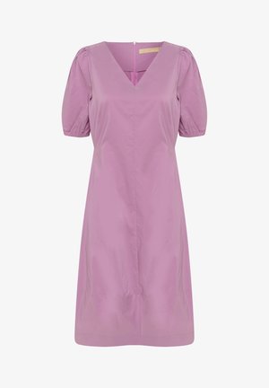 Purppuran värinen puuvillamekko, jossa on V-pääntie, puffatut lyhyet hihat ja suora leikkaus. Mekossa on piilotettu takavetoketju ja sileä rakenne.