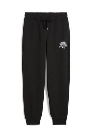 Pantalon de survêtement noir en mélange de coton, avec une taille élastique et un cordon de serrage, des poignets côtelés et un logo contrastant sur la cuisse.