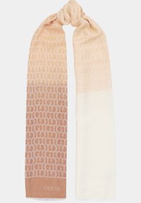 Bufanda ombre rosa con un patrón de logo texturizado, que pasa de rosa claro a crema en los extremos, rematada con un suave fleco.