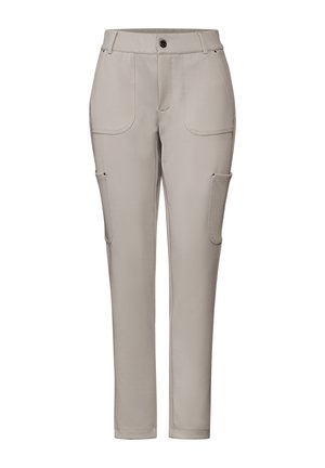 Lichtbeige broek gemaakt van gladde stof, met een getailleerd ontwerp, twee voorzakken en extra zijcargo zakken.