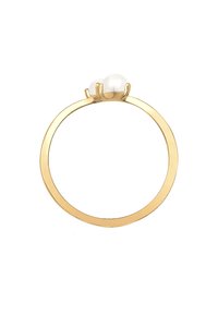 Guldring med en glat, rund ring og to hvide perler sat i en enkel, elegant kroneindstilling.