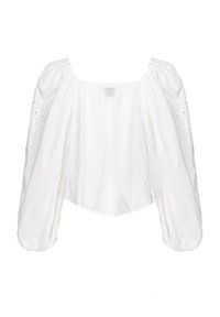 Blusa bianca in cotone con scollatura quadrata, maniche lunghe a sbuffo e dettagli ricamati sulle maniche. Texture morbida e vestibilità ampia.