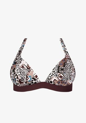 Trójkątny biustonosz bikini z wzorzystym materiałem w odcieniach kremowym, czarnym i niebieskim; jednolita bordowa taśma u dołu; regulowane ramiączka.