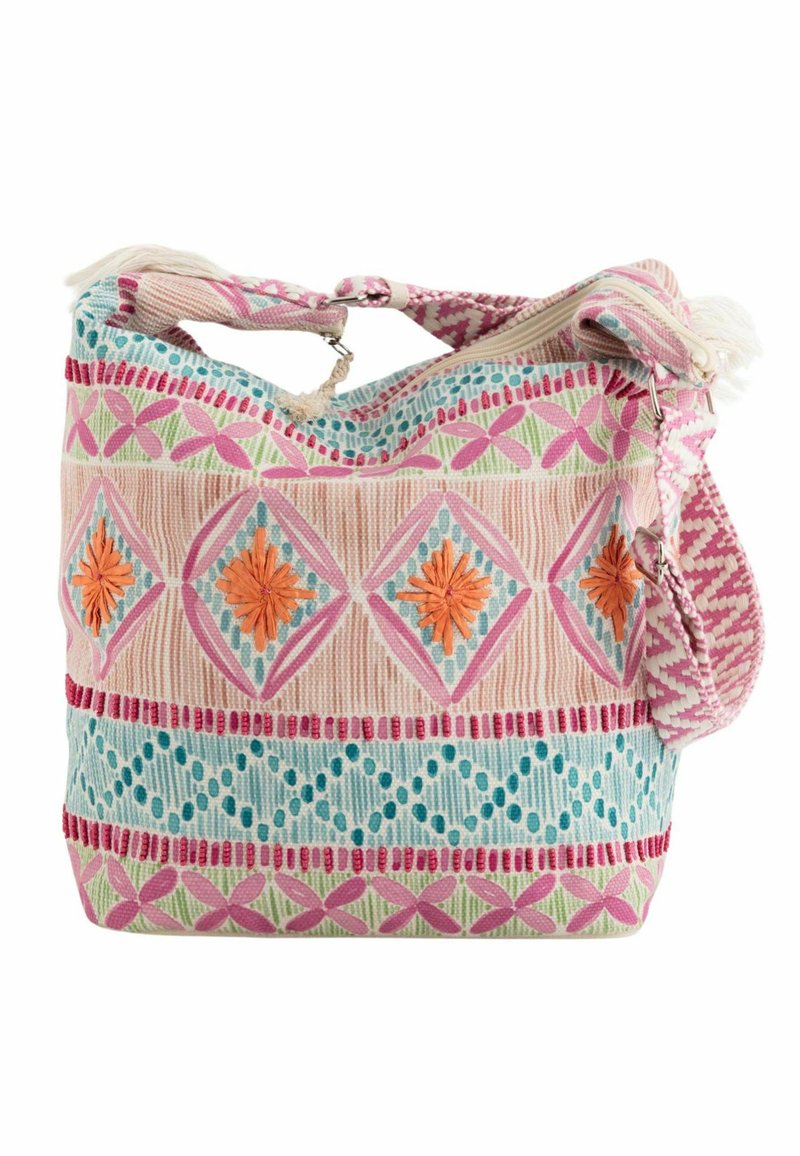 Textile bag with a pink, blue, and green geometric pattern, featuring embroidered orange flowers and a textured weave. Double handles.
