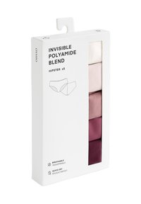 Viiden hipster-alushousun pakkaus, jossa on eri sävyjä beigeä ja burgundia, valmistettu hengittävästä polyamidiseoksesta, yksinkertaisessa valkoisessa pakkauksessa.