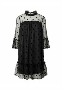 Crna prozirna haljina s točkicama, naboran visok ovratnik, duge napuhane rukave i slojeviti rub, s ležernim, lepršavim siluetom.