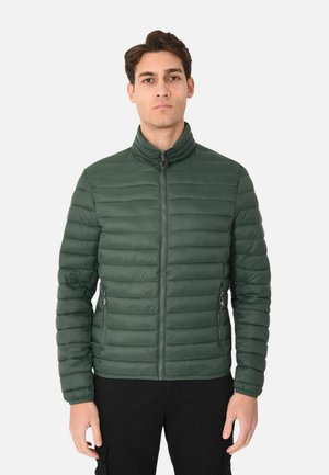 Giovane uomo che indossa una giacca trapuntata verde scuro con cerniera frontale e tasche laterali con cerniera, in piedi davanti a uno sfondo chiaro e uniforme.