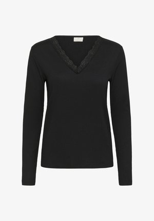 Czarny longsleeve z fakturowanej tkaniny, z dekoltem w kształcie litery V ozdobionym koronkowym wykończeniem. Prosty krój z dopasowaną sylwetką.