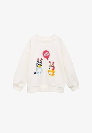 Vit sweatshirt med cartoon djurkaraktärer som håller en röd ballong och texten "Låt oss leka". Tillverkad av mjuk bomull, med ribbade ärmslut.