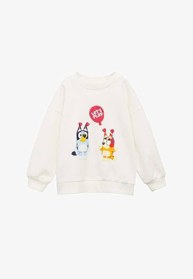 Felpa bianca con personaggi di animali cartone animato che tiene un palloncino rosso e la scritta "Giochiamo". Realizzata in cotone morbido, con polsini a costine.