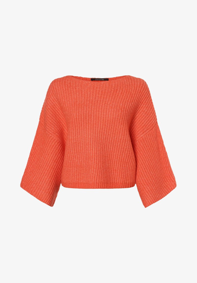 Pull orange en grosse maille avec manches larges, coupe ample et carrée, et encolure ronde.