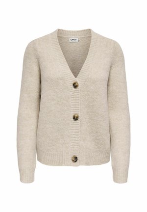 Beige cardigan gemaakt van zacht materiaal, met een diepe V-hals, ribbelmanchetten en vier knoopsluitingen met ronde, bruine knopen.